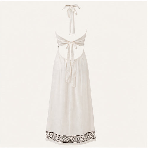 HS Katoenen Zomerjurk Ibiza Halter - Border Prints - Katoenen Zomerjurk Wit Sun Border - achteraanzicht