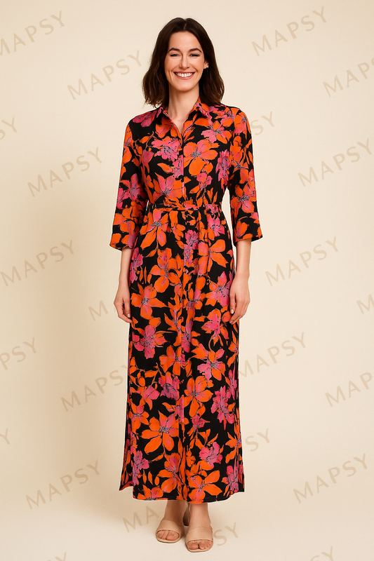 Angelle Milan Maxi Jurk – Zwart-Oranje Bloemenjurk met Ceintuur (S t/m XXL) - Mapsy B.V