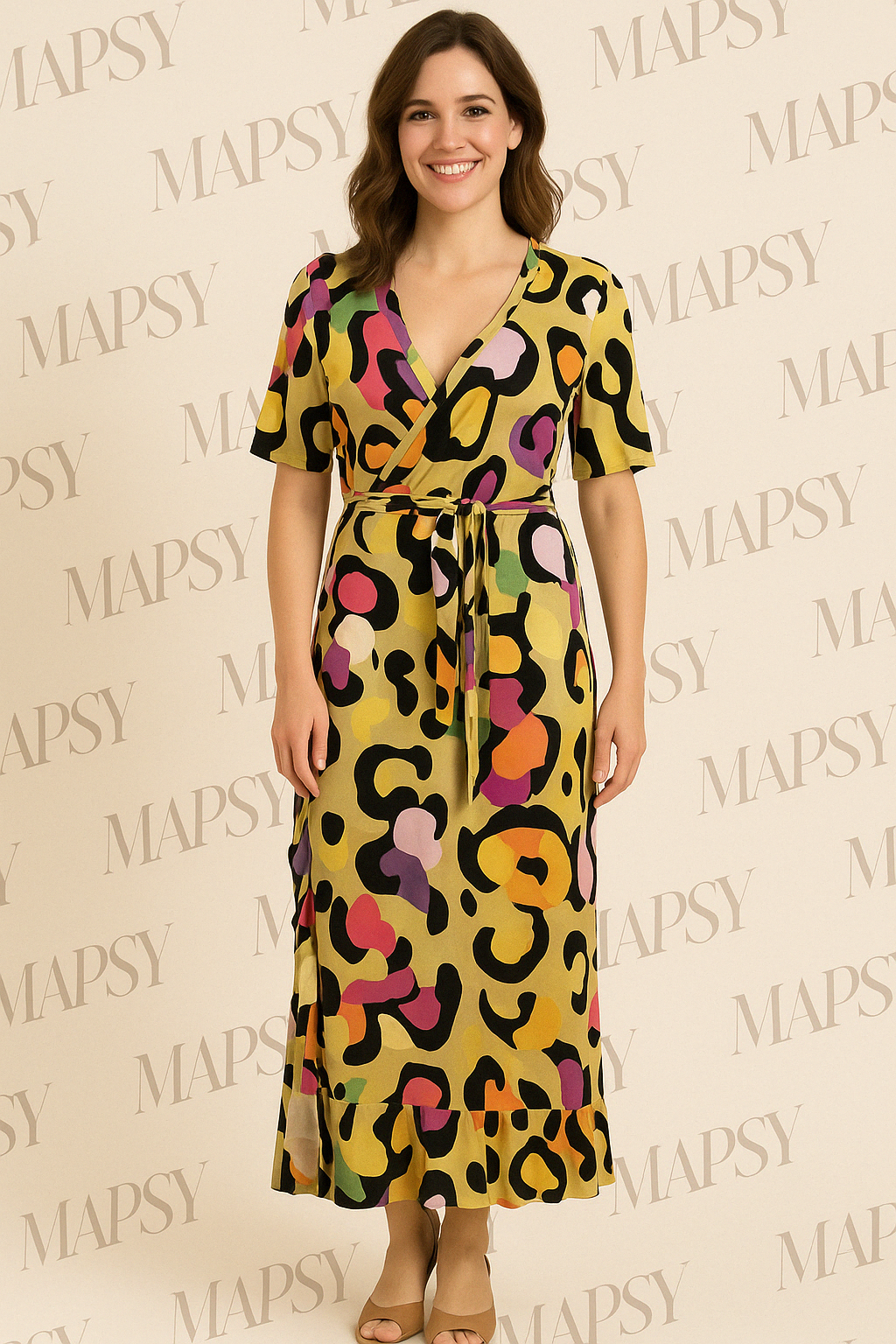 Angelle Milan - Lange travelstof jurk Geel met Pastel Kleuren - Travelstof - Rijk - Duurzaam In 5 maten - Mapsy B.V