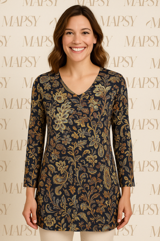 Angelle Milan – travelstof blouse – Multigeel/blauwe Blouse – Ademend – Kreukvrij - Mapsy B.V