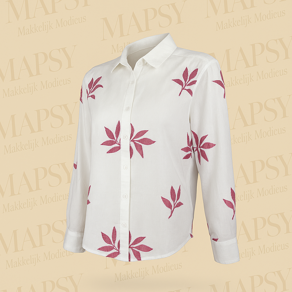 Suzzy & Milly Blouse met Bordeaux Bladeren – Witte Blouse met Geborduurde Bladprint (S/M/L) - Mapsy B.V