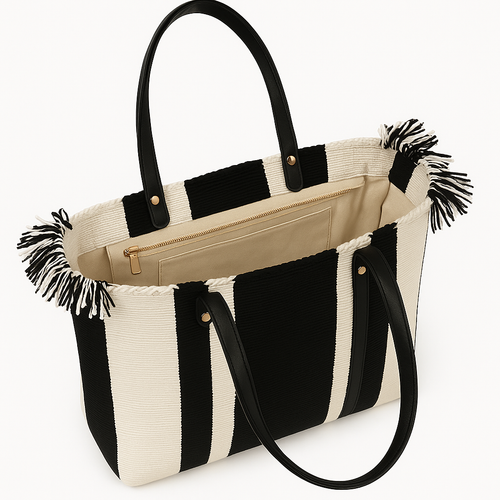 Urban Chic Tote – Zwart-Witte Strepen Tas met Franjeaccenten - Mapsy B.V