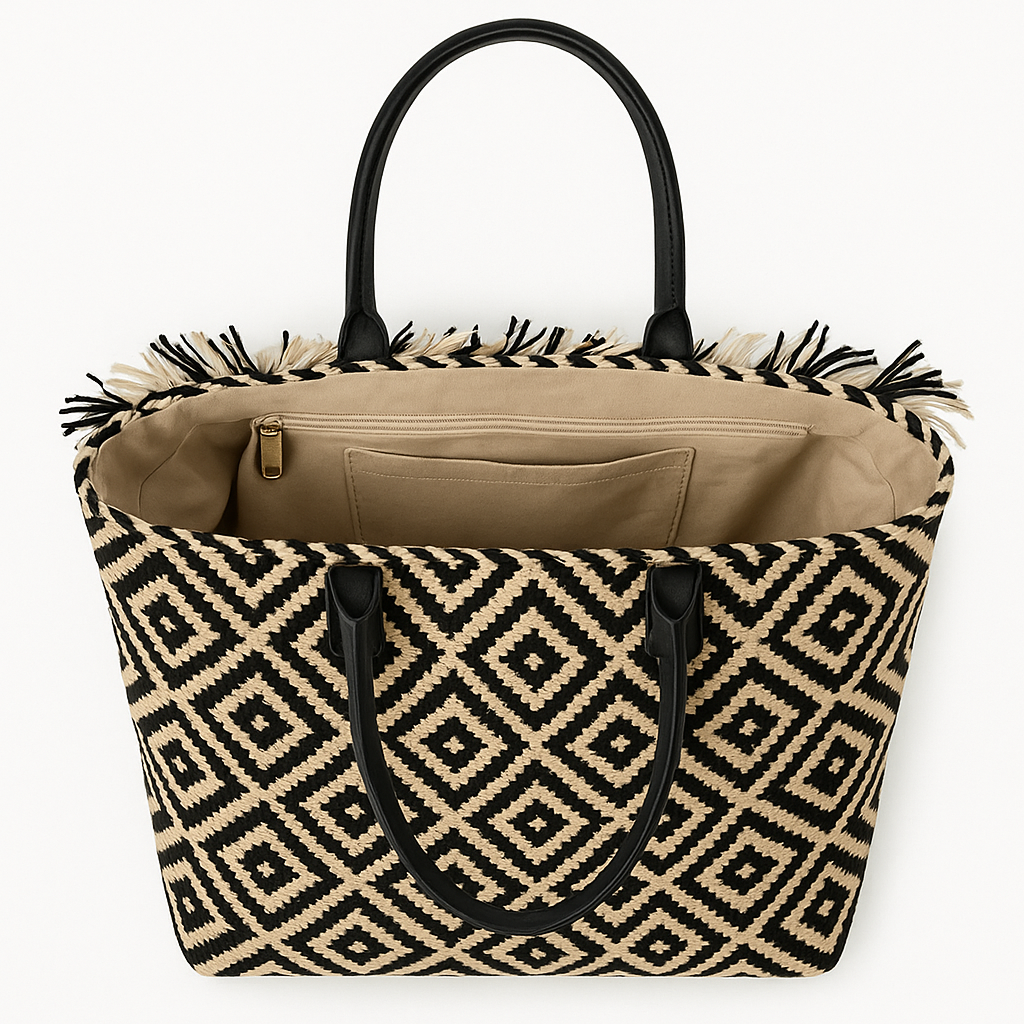 Boho Nomad Tote – Etnisch Zand-Zwarte Handtas met Franjedetail - Mapsy B.V