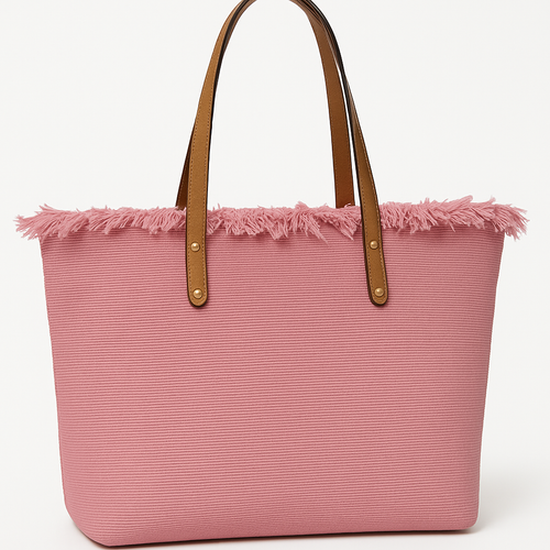 The Tote Bag – Roze canvas shopper met franjerand en camel hengsels - Mapsy B.V