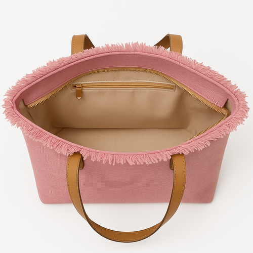 The Tote Bag – Roze canvas shopper met franjerand en camel hengsels - Mapsy B.V