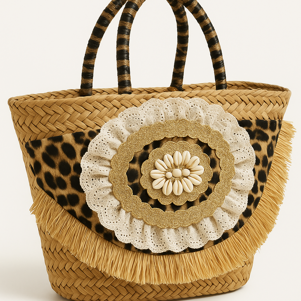 Rieten Shopper met Luipaardprint & Ruches – Golden Jungle Statement Bag - Mapsy B.V