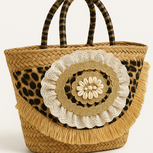 Rieten Shopper met Luipaardprint & Ruches – Golden Jungle Statement Bag - Mapsy B.V