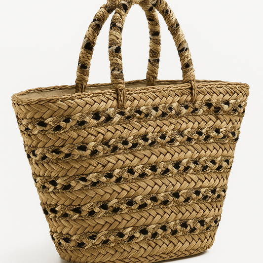 Gevlochten Ibiza Shopper met Gouden Draad – Natural Glam - Mapsy B.V