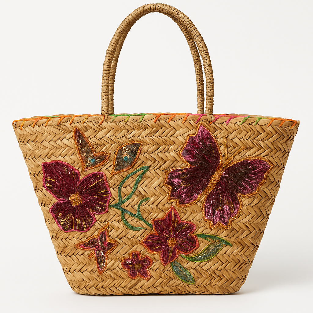 Butterfly Breeze Rieten Tas – Handgemaakte Strandtas met Vlinderborduursel | MAPSY