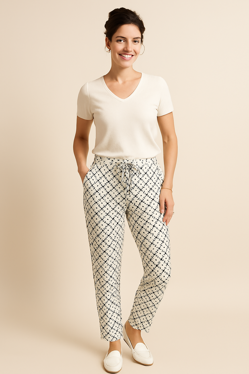 Angelle Milan Casual Broek - Wit met Ruiten - travelstof broek