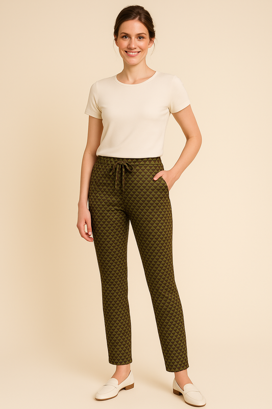 Eventi & Motivi broek - Casual broek - Geometrisch Groen - Taillekoord - Mapsy B.V