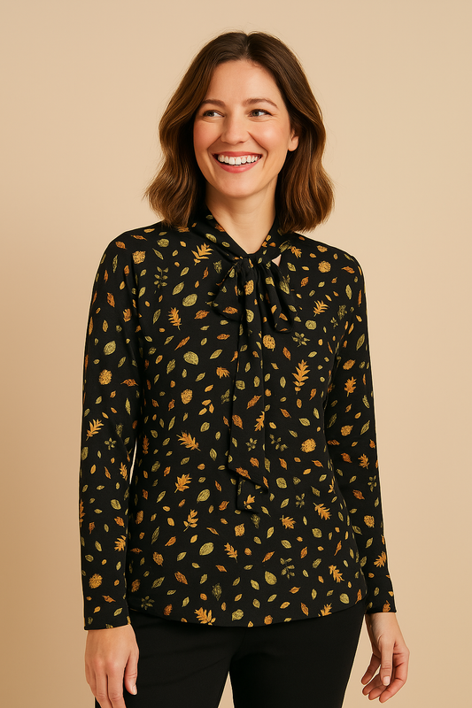 Angelle Milan – travelstof blouse – Fall print blouse met Koord – Ademend – Kreukvrij – Duurzame Blouse - Mapsy B.V