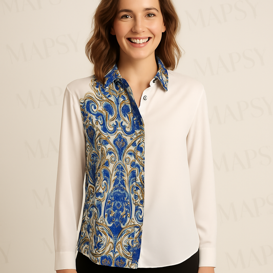 Angelle Milan - travelstof Blouse in 50/50 Blauw/Beige voor Dames - Travelstof - Comfort - Strijkvrij - Duurzaam - In 5 maten! - Mapsy B.V