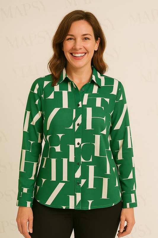 Angelle Milan - Groen/Witte travelstof Blouse voor Dames - Travelstof - Comfort - Strijkvrij - Duurzaam - In 5 maten! - Mapsy B.V