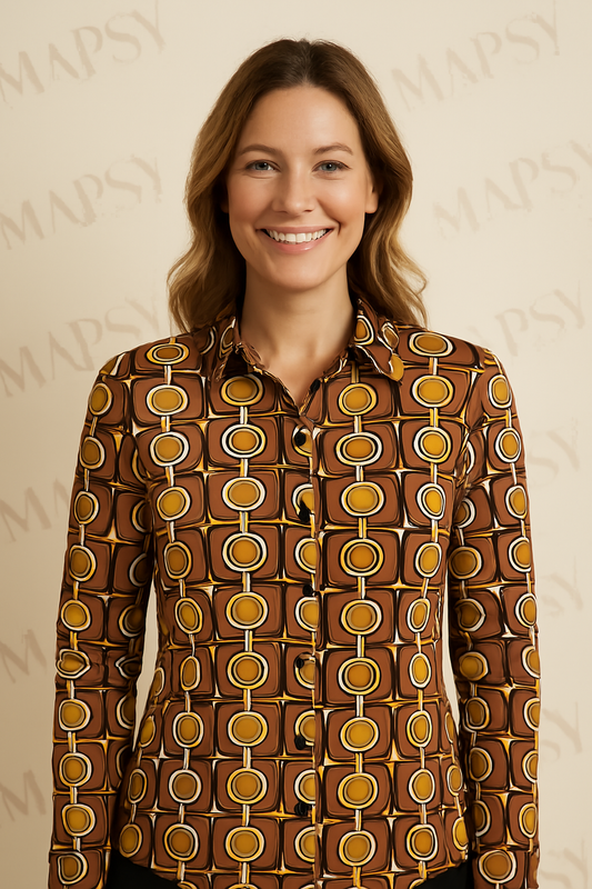 Angelle Milan - travelstof blouse - Blouse print in Bruin/Geel voor Dames - Travelstof - Comfort - Strijkvrij - Duurzaam - In 5 maten! - Mapsy B.V