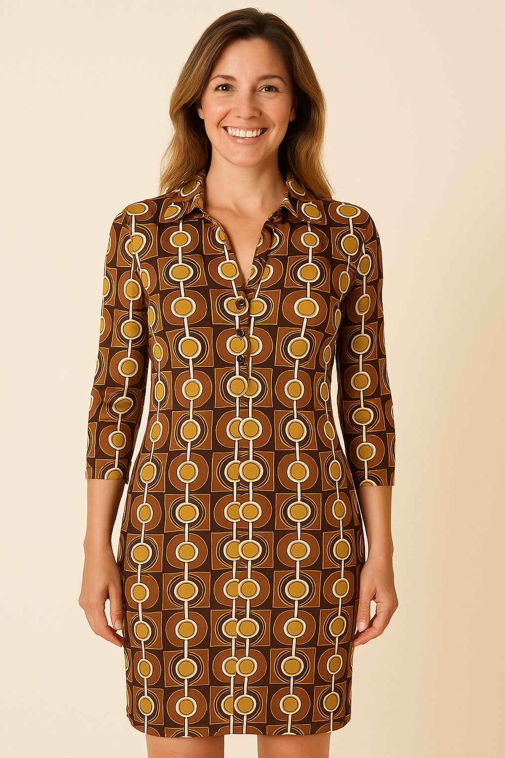 Angelle Milan - travelstof jurk voor dames - Multikleur Bruin/Geel - Ademend - Kreukherstellend - Duurzame zomerjurk - in 5 maten! - Mapsy B.V