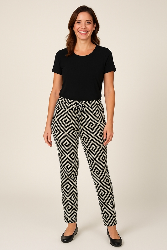 Angelle Milan - Casual travelstof broek - Beige met ruiten - Met taillekoord - Travelstof - In 5 maten beschikbaar - Mapsy B.V