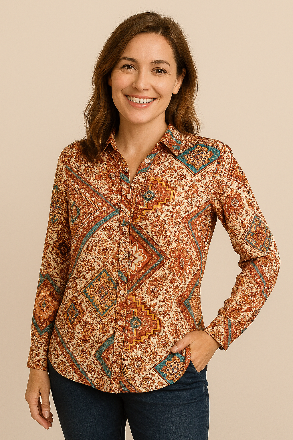 Angelle Milan - Oranje travelstof blouse met blauwe en witte print - Travelstof - In 5 maten - Mapsy B.V