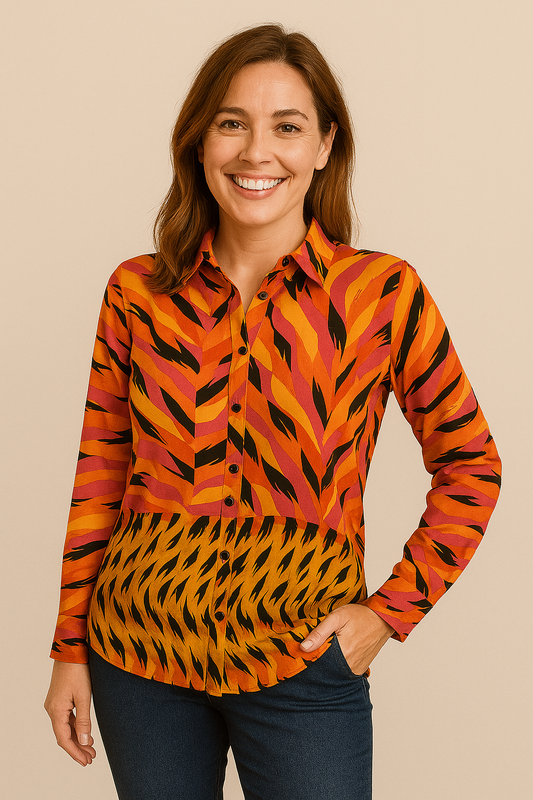 Angelle Milan - Oranje travelstof blouse met roze en zwarte print - Travelstof - In 5 maten - Mapsy B.V