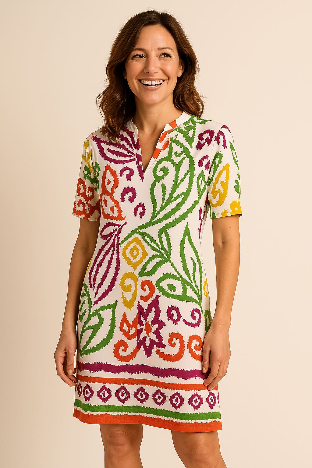 Angelle Milan – travelstof jurk – Oranje/Geel/Roze Jurk – Ademend – Kreukvrij – Duurzame Jurk - Mapsy B.V