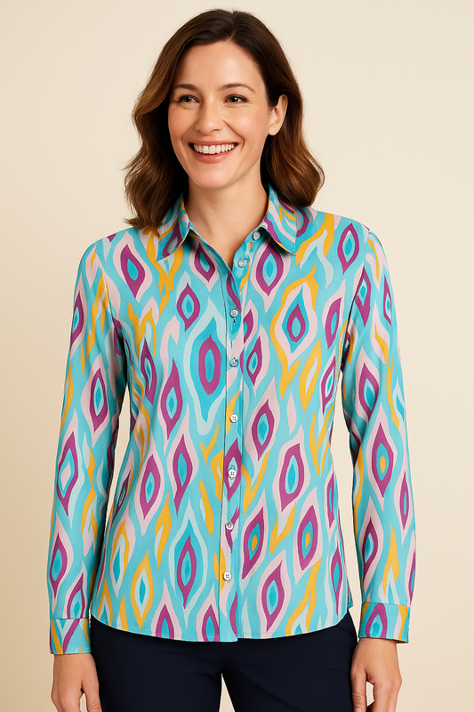 Angelle Milan - Multiblauwe/Oranje travelstof Blouse voor Dames - Travelstof - Ademend - Kreukherstellend - Duurzaam - in 5 maten! - Mapsy B.V