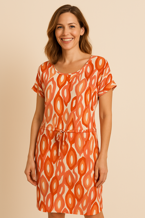 Angelle Milan – travelstof jurk – Rood/Oranje/Witte Strik Jurk – Ademend – Kreukherstellend – Duurzame jurk - Mapsy B.V