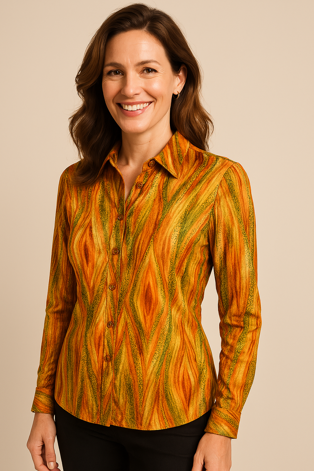 Angelle Milan - Oranje travelstof blouse met strepenpatroon - Travelstof - In 5 maten - Mapsy B.V