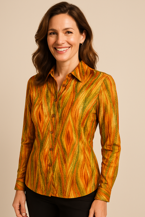 Angelle Milan - Oranje travelstof blouse met strepenpatroon - Travelstof - In 5 maten - Mapsy B.V