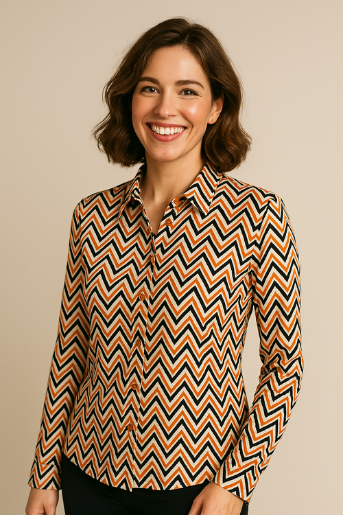 Angelle Milan - Oranje/Zwarte travelstof Blouse voor Dames - Travelstof - Ademend - Kreukherstellend - Duurzaam - in 5 maten! - Mapsy B.V