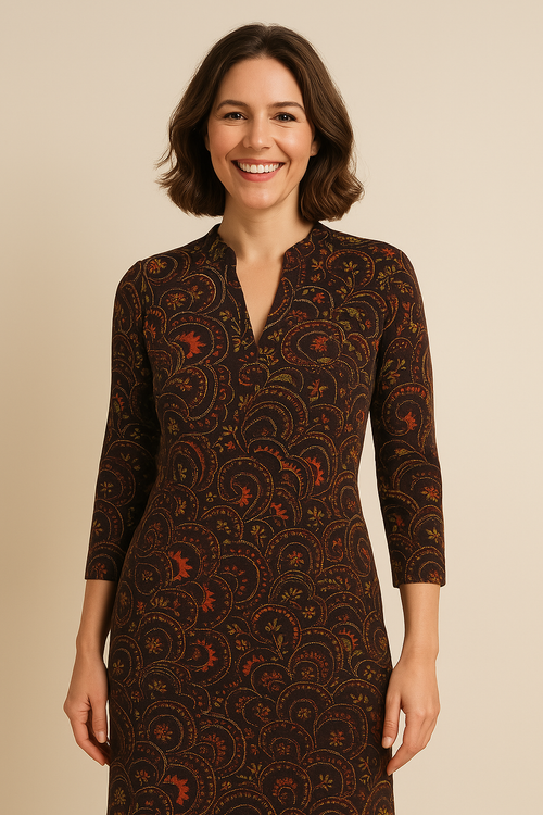 Angelle Milan - Bruin/Oranje travelstof jurk voor Dames - Travelstof - Ademend - Kreukherstellend - Duurzaam - in 5 maten! - Mapsy B.V