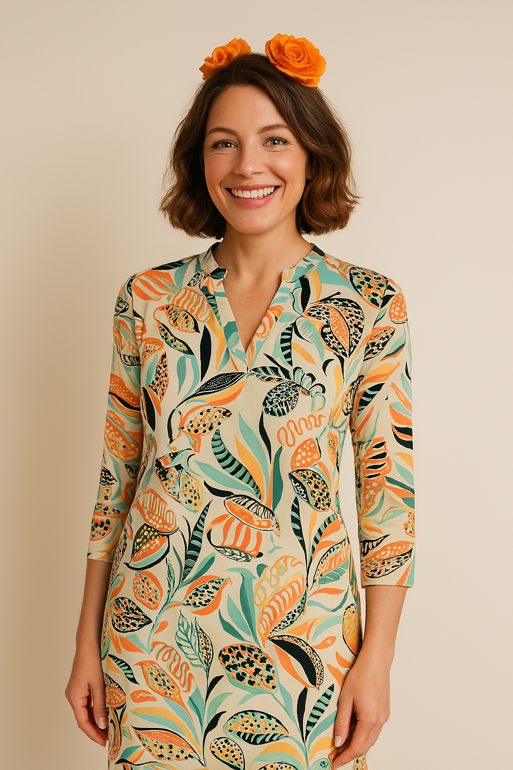 Angelle Milan - travelstof jurk - Oranje/Groene Jurk - Ademend - Kreukherstellend - Duurzame zomerjurk - Mapsy B.V