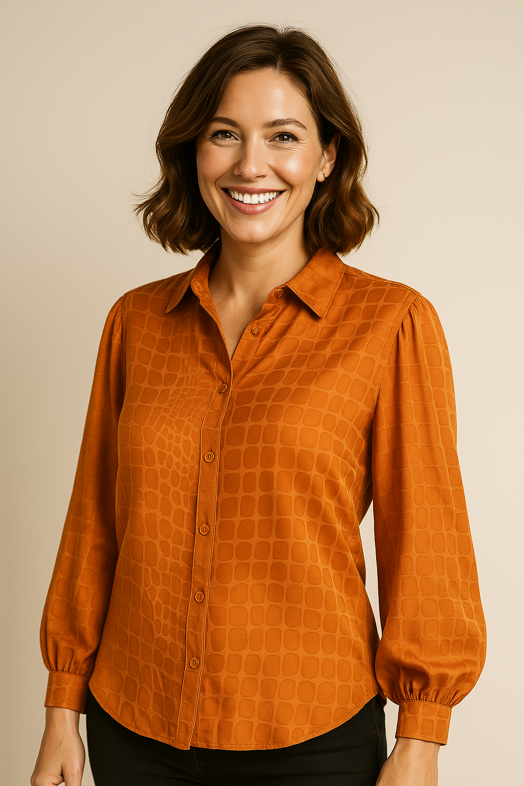 Angelle Milan - Oranje travelstof blouse met slangenpatroon - Travelstof - In 5 maten - Mapsy B.V