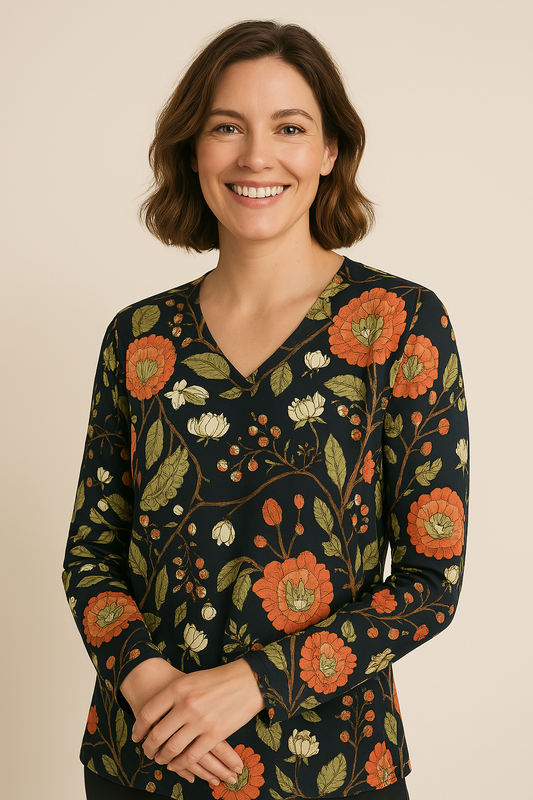 Angelle Milan – travelstof blouse – Zwart Oranje bloemen blouse – Ademend – Kreukvrij – Duurzame Jurk - Mapsy B.V