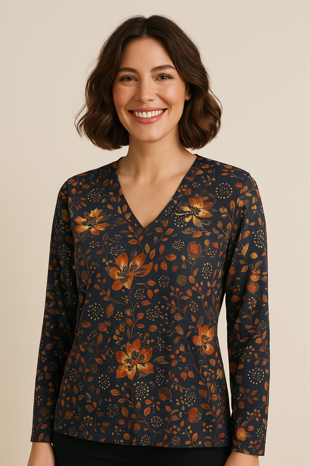 Angelle Milan – travelstof blouse – Navy Oranje bloemen blouse – Ademend – Kreukvrij – Duurzame Blouse - Mapsy B.V
