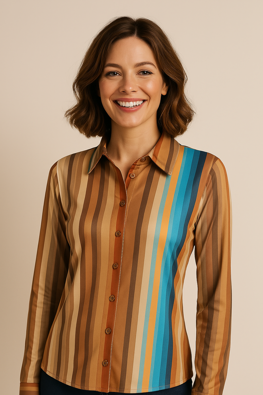 Angelle Milan - travelstof blouse - Streepjes Multi-Bruine Blouse voor Dames - Travelstof - Ademend - Kreukherstellend - Duurzaam - in 5 maten! - Mapsy B.V
