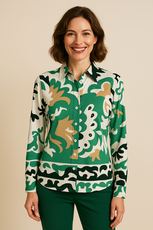 Angelle Milan - Groen Z/W travelstof Blouse voor Dames - Travelstof - Ademend - Kreukherstellend - Duurzaam - in 5 maten! - Mapsy B.V