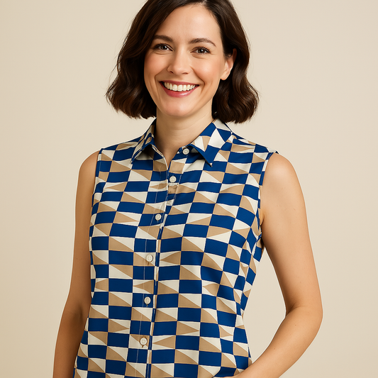 Angelle Milan – travelstof blouse – Blauwe Mouwloze Blouse – Ademend – Kreukherstellend – Duurzame blouse - Mapsy B.V