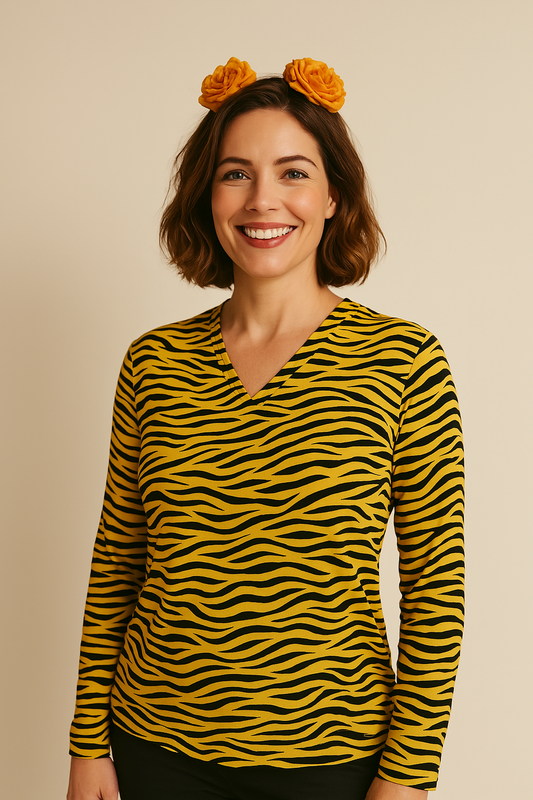 Angelle Milan – travelstof blouse – Gele Zwarte tijger blouse – Ademend – Kreukvrij - Mapsy B.V
