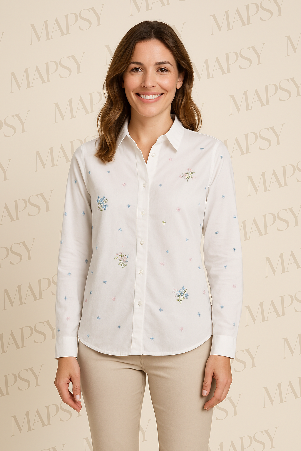 Suzzy & Milly Witte Blouse – Fijn Geborduurde Bloemetjes in Pasteltinten (S/M/L)