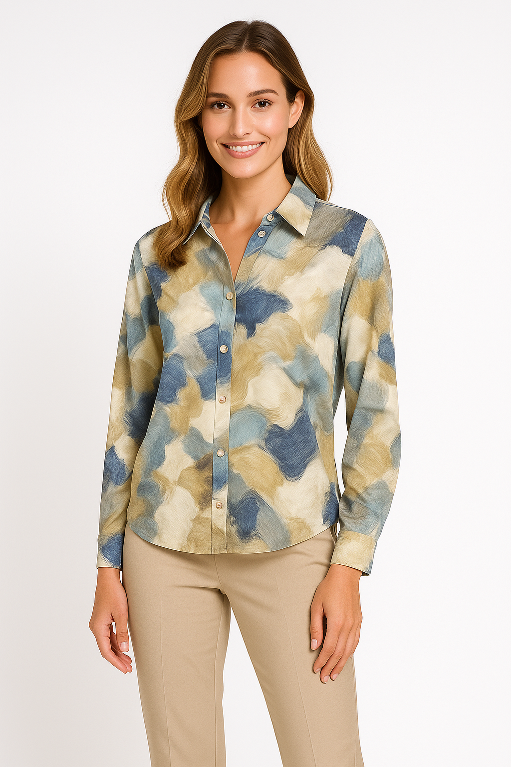 🎨 SOPHYLINE Blouse in Aquarelprint – 100% Katoen – Zandblauw & Zachtgeel – Maten S t/m XL