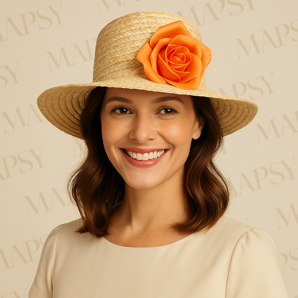 Mapsy - Strohoed - Elegante Beige met Oranje Roos - One Size - Mapsy B.V