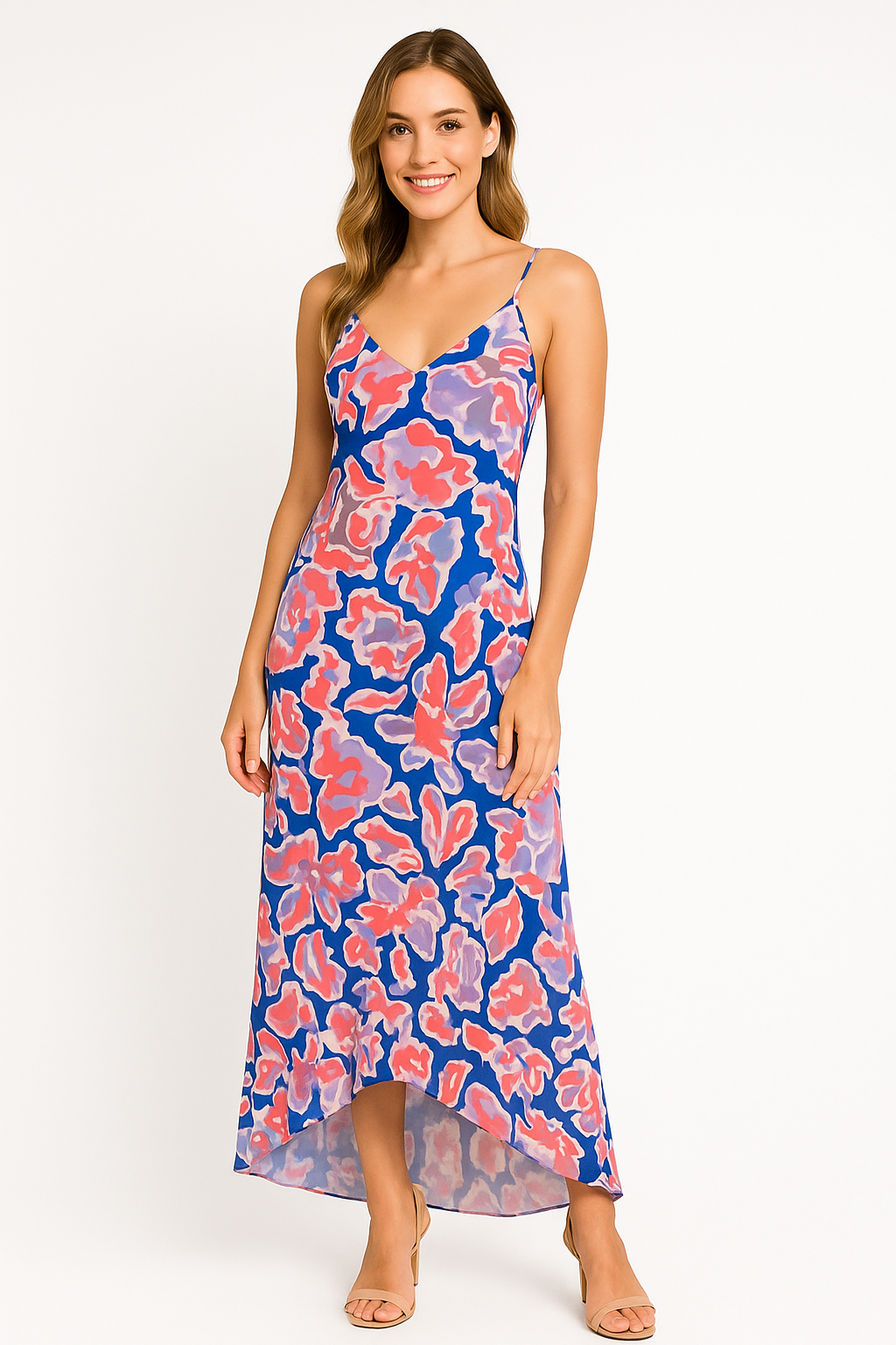 Angelle Milan Maxi Zomerjurk – Abstracte Blauw/Roze Print – Travelstof – Spaghettibandjes – V-Ruffle Zoom – Maten S t/m XXL