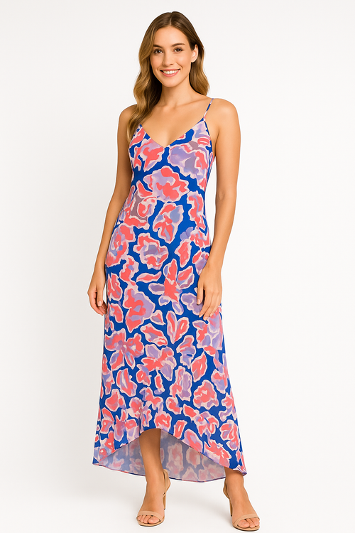 Angelle Milan Maxi Zomerjurk – Abstracte Blauw/Roze Print – Travelstof – Spaghettibandjes – V-Ruffle Zoom – Maten S t/m XXL - Mapsy B.V