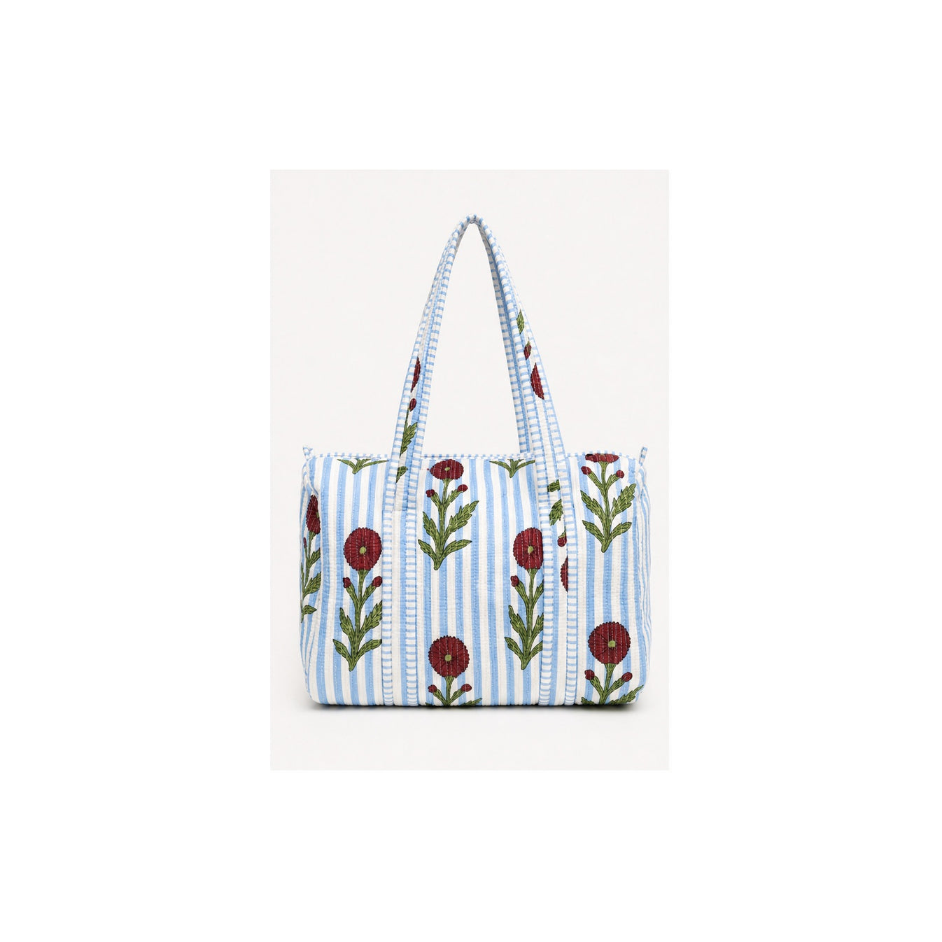 HS Dufflebag - Meerdere Prints - Blauw wit gestreept met rode bloemen - vooraanzicht