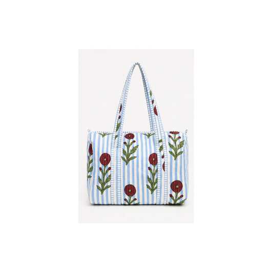 HS Dufflebag - Meerdere Prints - Blauw wit gestreept met rode bloemen - vooraanzicht