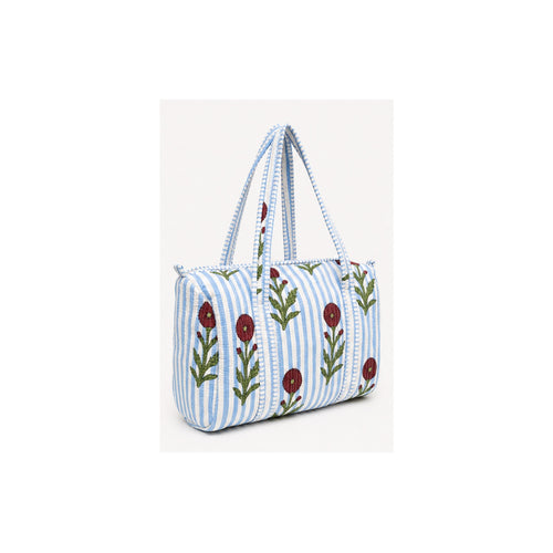 HS Dufflebag - Meerdere Prints - Blauw wit gestreept met rode bloemen - zijaanzicht