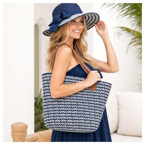 HS Hoed en Mand Set - Naturel - Donkerblauw - gedragen op model