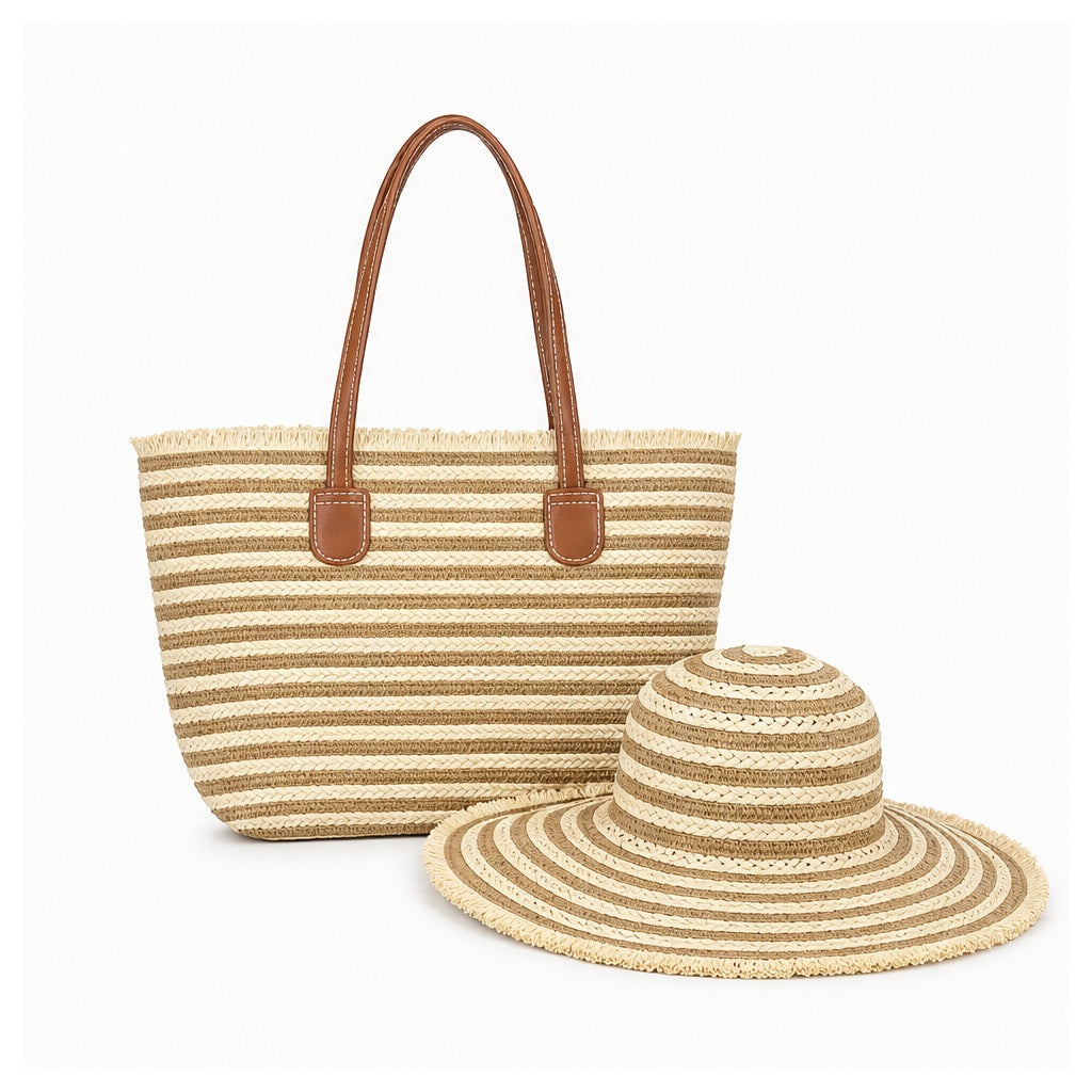 HS Hoed en Mand Set - Gestreept - Beige - vooraanzicht