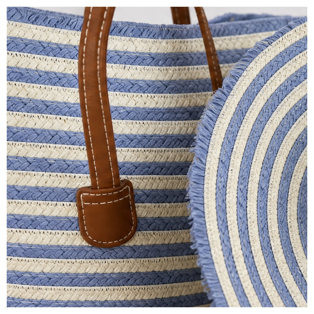 HS Hoed en Mand Set - Gestreept - Lichtblauw - detail