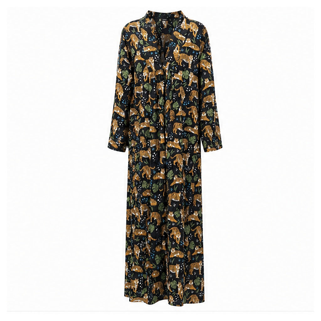 HS Kaftan Jurk - Meerdere Prints - Zwarte - vooraanzicht